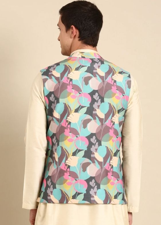 Sapphire Blue, Taffy Pink , Grey Muslin Digial print Modi Jacket - MMWC0232