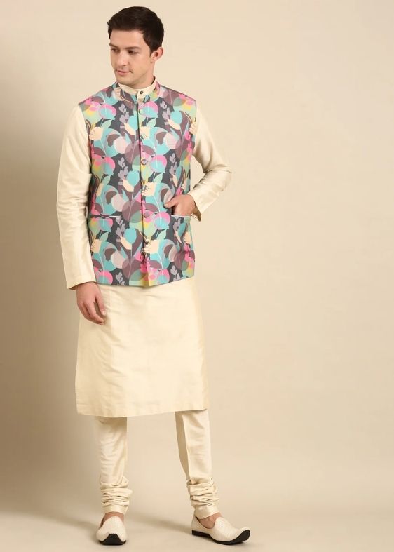 Sapphire Blue, Taffy Pink , Grey Muslin Digial print Modi Jacket - MMWC0232