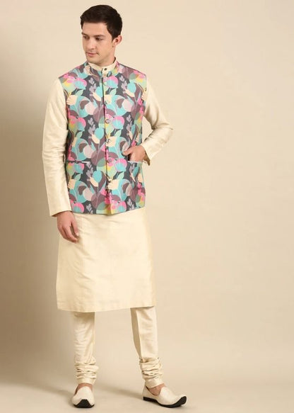 Sapphire Blue, Taffy Pink , Grey Muslin Digial print Modi Jacket - MMWC0232