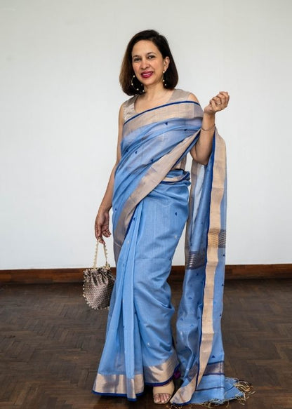 Blue Triangle buti Maheswari Silk Cotton Saree