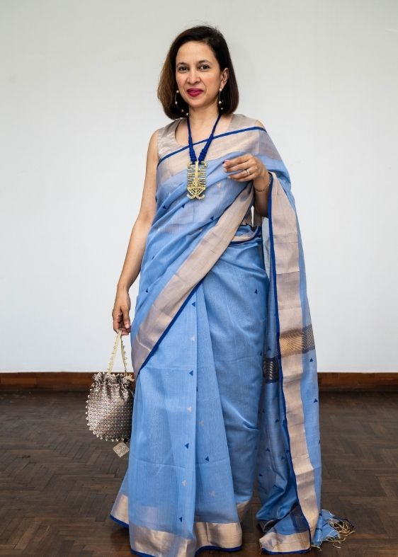 Blue Triangle buti Maheswari Silk Cotton Saree