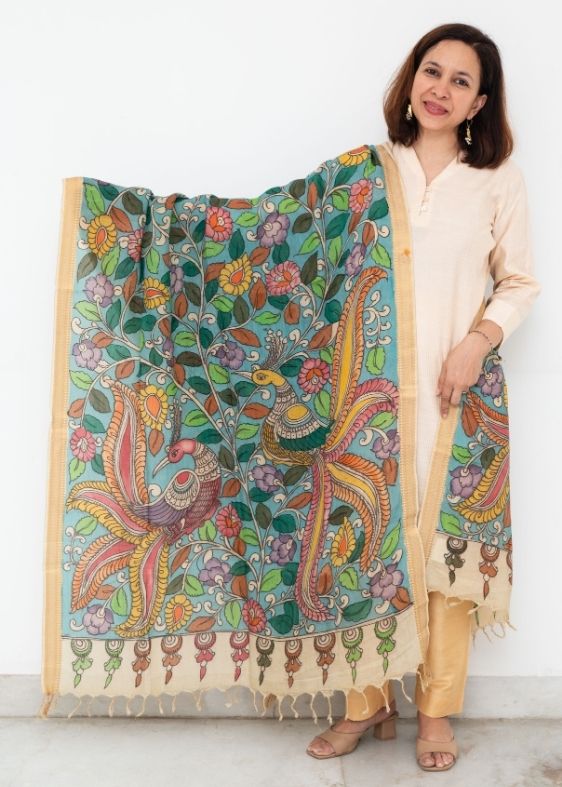 Blue Kalamkari Hand Painted Dupatta