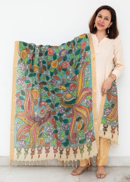 Blue Kalamkari Hand Painted Dupatta