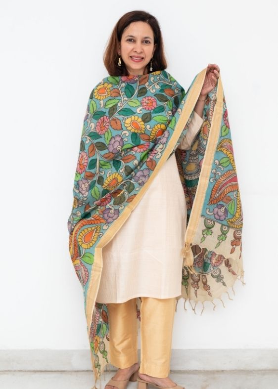 Blue Kalamkari Hand Painted Dupatta