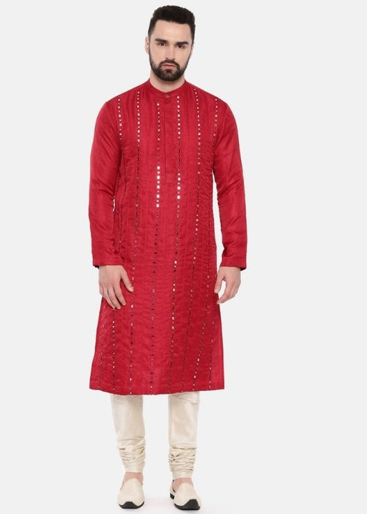 Red Silk Mirror Work Kurta Set