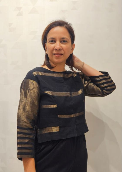 Black and Gold Fulia Cotton Stripes Blouse