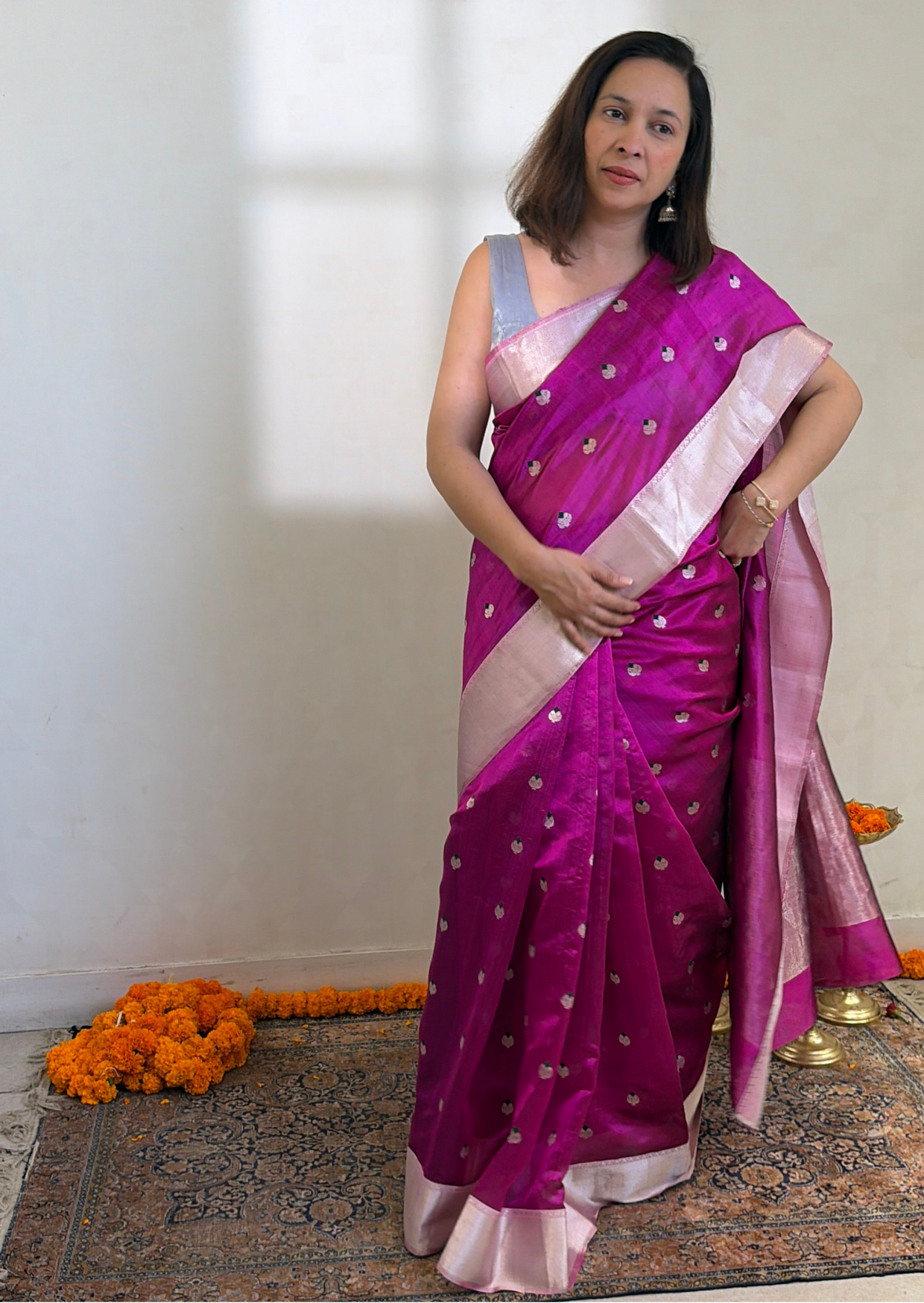 Purple Silver Border Boota Silk Chanderi Saree