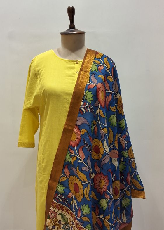 Blue Floral with Kalamkari Dupatta