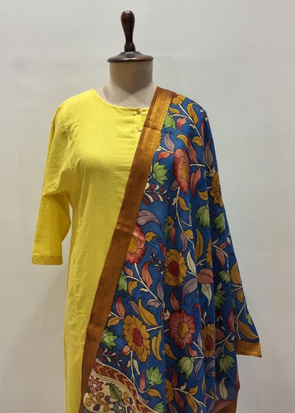 Blue Floral with Kalamkari Dupatta