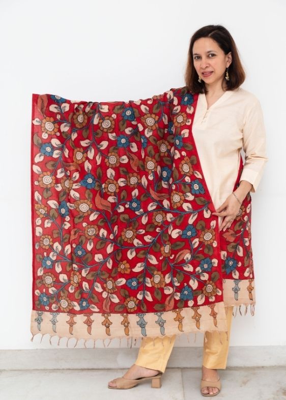 Red Kalamkari Hand Painted Dupatta