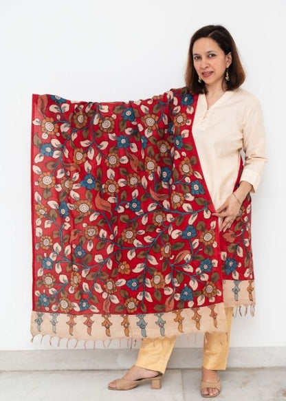 Red Kalamkari Hand Painted Dupatta