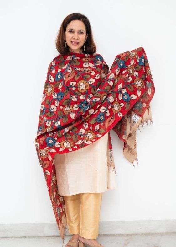 Red Kalamkari Hand Painted Dupatta