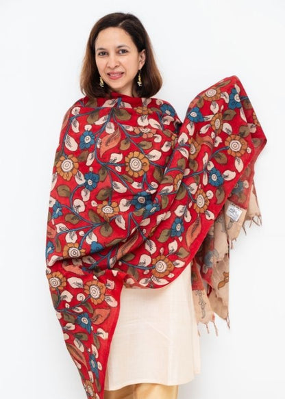 Red Kalamkari Hand Painted Dupatta