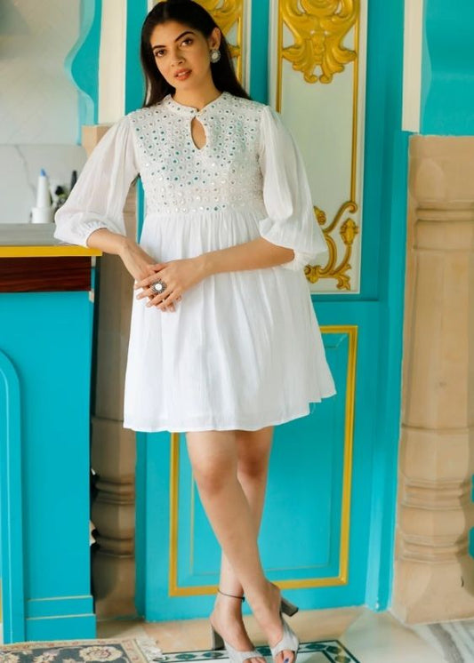 Fine Quality Cotton Crepe Mirror Work Dress- White
