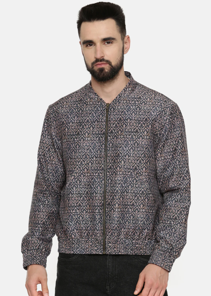 Blue Beige Linen Bomber Printed Jacket