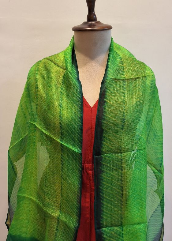Parrot Green Stripes Silkkota Shibori Handloom Stole