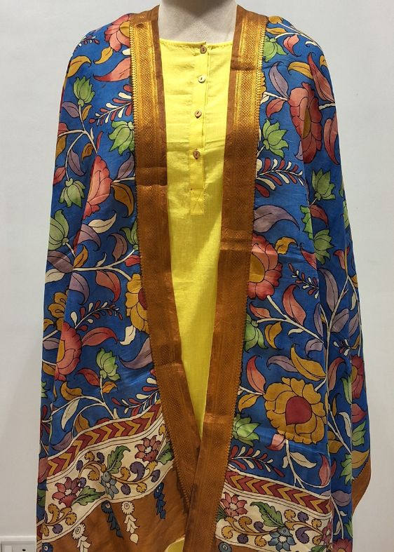 Blue Floral with Kalamkari Dupatta