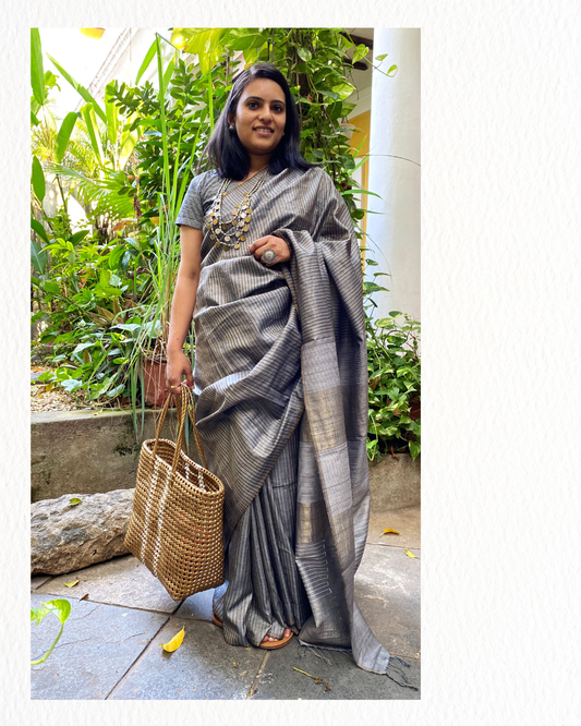 Grey Patti Unma Chattisgarh Tussar Saree