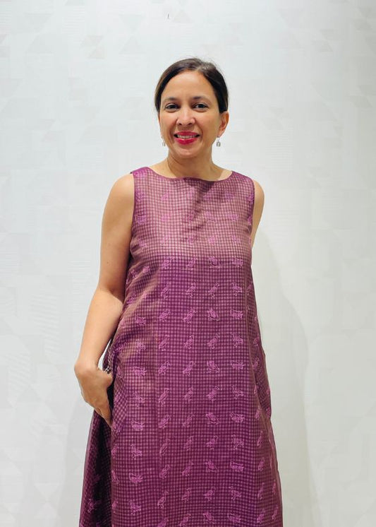 Purple bird chanderi silk dress