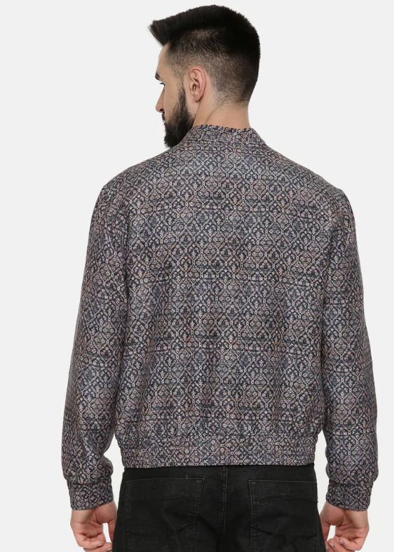 Blue Beige Linen Bomber Printed Jacket