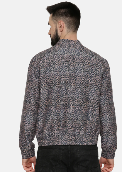 Blue Beige Linen Bomber Printed Jacket