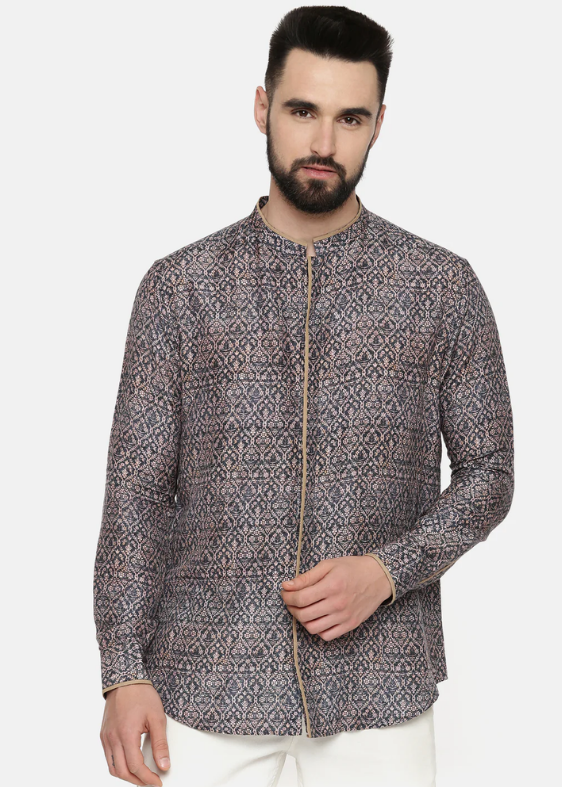 Linen Bemberg Blue Beige Pirnted Shirt