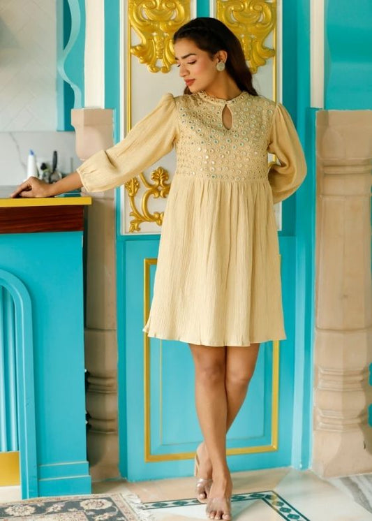 Fine Quality Cotton Crepe Mirror Work Dress- Beige