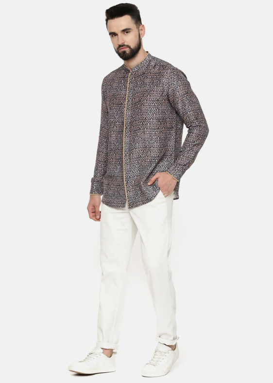 Linen Bemberg Blue Beige Pirnted Shirt