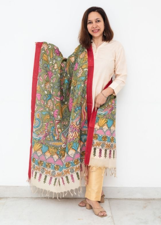 Green and Red Border Hand Painted Kalamkari Dupatta