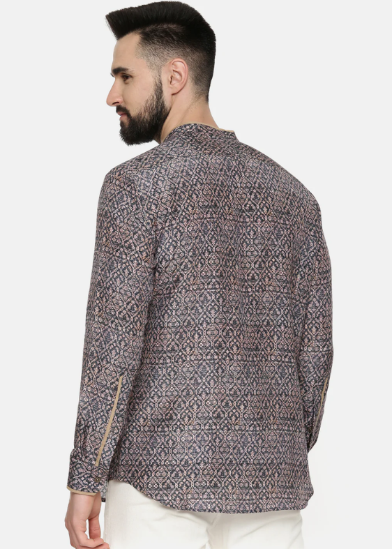 Linen Bemberg Blue Beige Pirnted Shirt