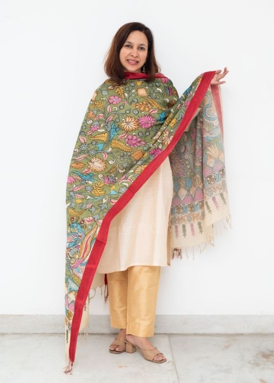 Green and Red Border Hand Painted Kalamkari Dupatta