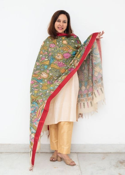 Green and Red Border Hand Painted Kalamkari Dupatta