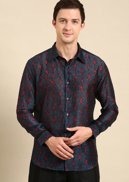 vy Blue Shirt with Magenta Chanderi Digital Print