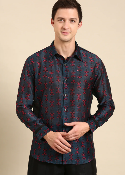 vy Blue Shirt with Magenta Chanderi Digital Print
