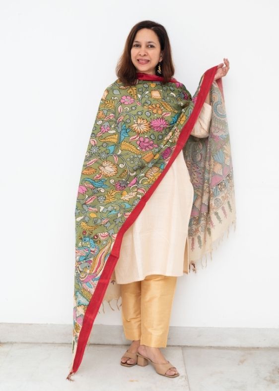 Green and Red Border Hand Painted Kalamkari Dupatta