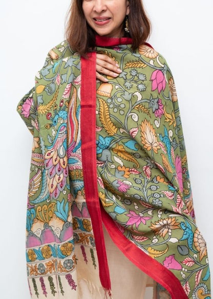 Green and Red Border Hand Painted Kalamkari Dupatta