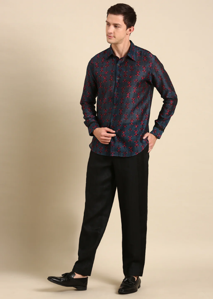 vy Blue Shirt with Magenta Chanderi Digital Print