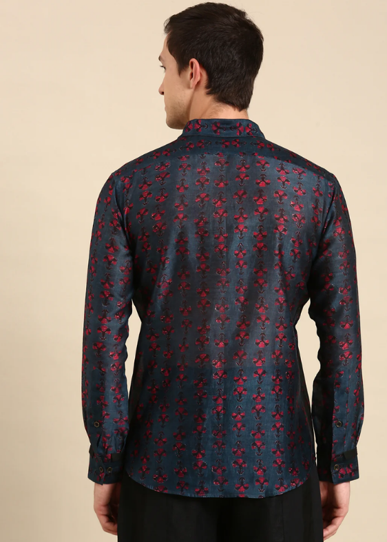 vy Blue Shirt with Magenta Chanderi Digital Print