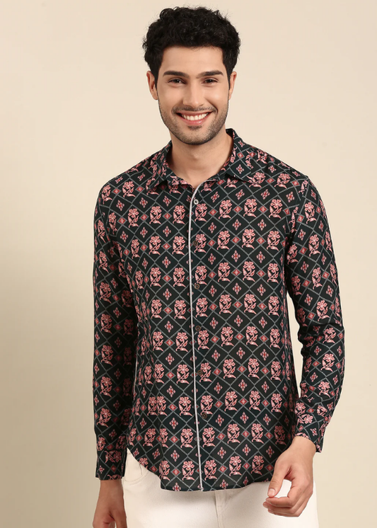 Dark Blue Printed Muslin Shirt