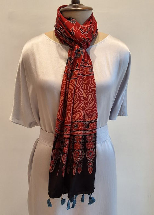 Red Ajrakh Print Modal Silk Stole