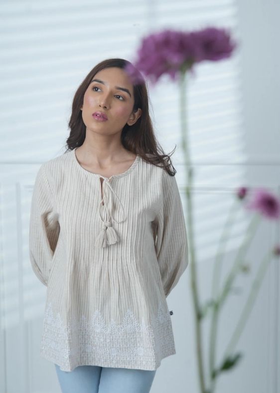SS 2306 A Beige Stripe Embroidered Cotton Top