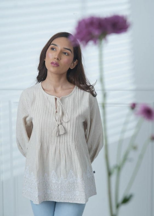 SS 2306 A Beige Stripe Embroidered Cotton Top
