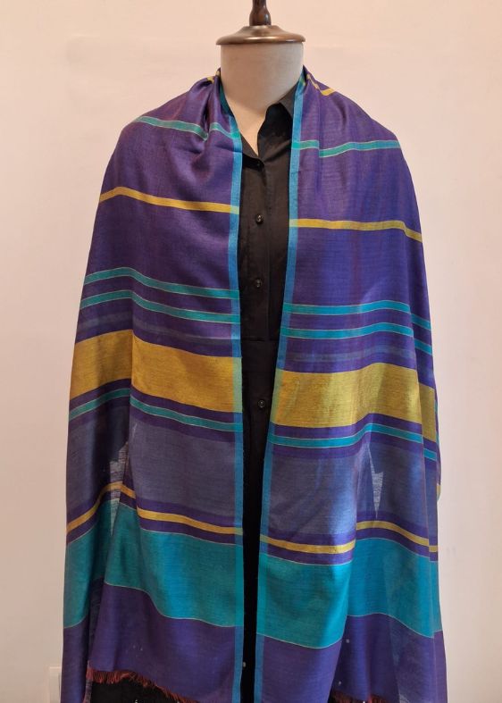 Purple with mustard lines Silk Cotton Stole