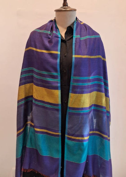 Purple with mustard lines Silk Cotton Stole