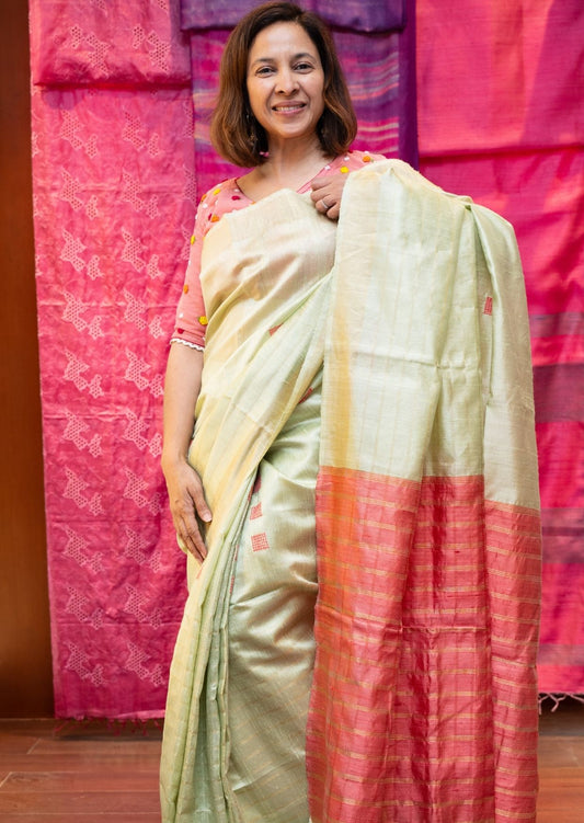 Green Peach Dupion Tussar Silk Saree