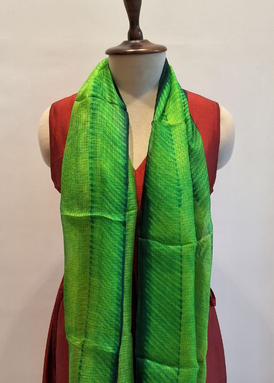 Parrot Green Stripes Silkkota Shibori Handloom Stole
