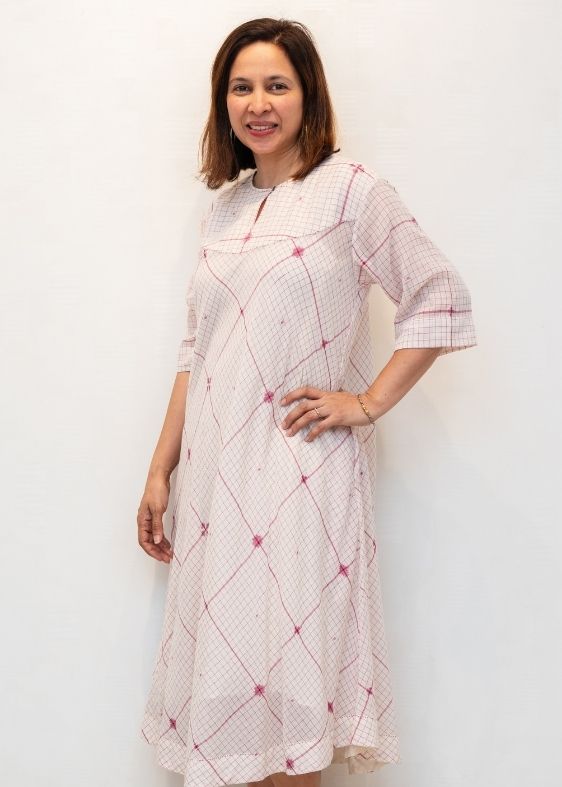 White and Pink Checks Jamdani Cotton Dress
