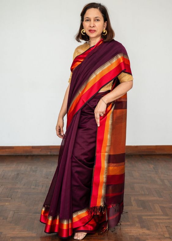 Multi border Burgundy Maheswari Saree