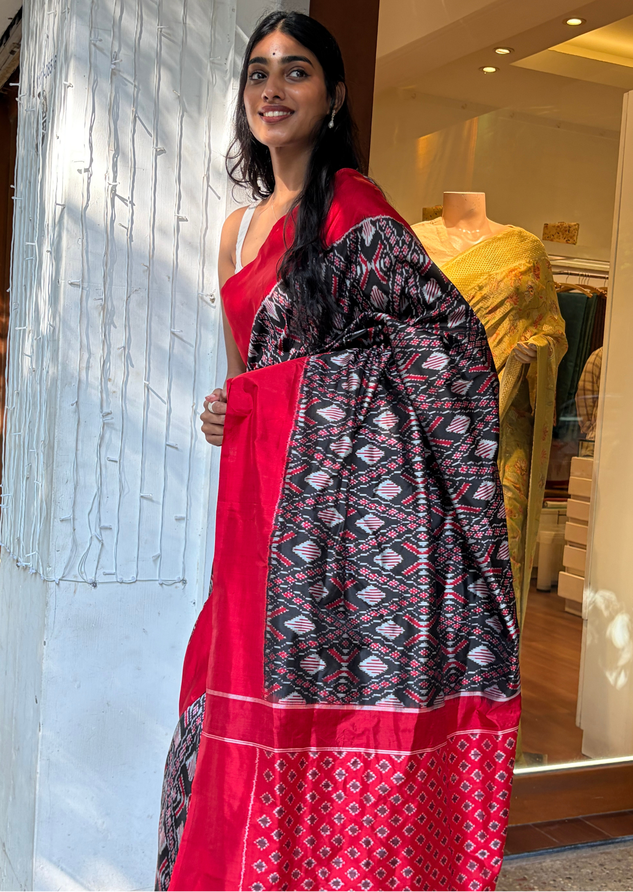 Black Red border Double Ikat Silk Saree