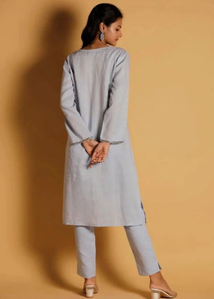 Pure Linen Classic Hand Embroidered Kurta- Blue